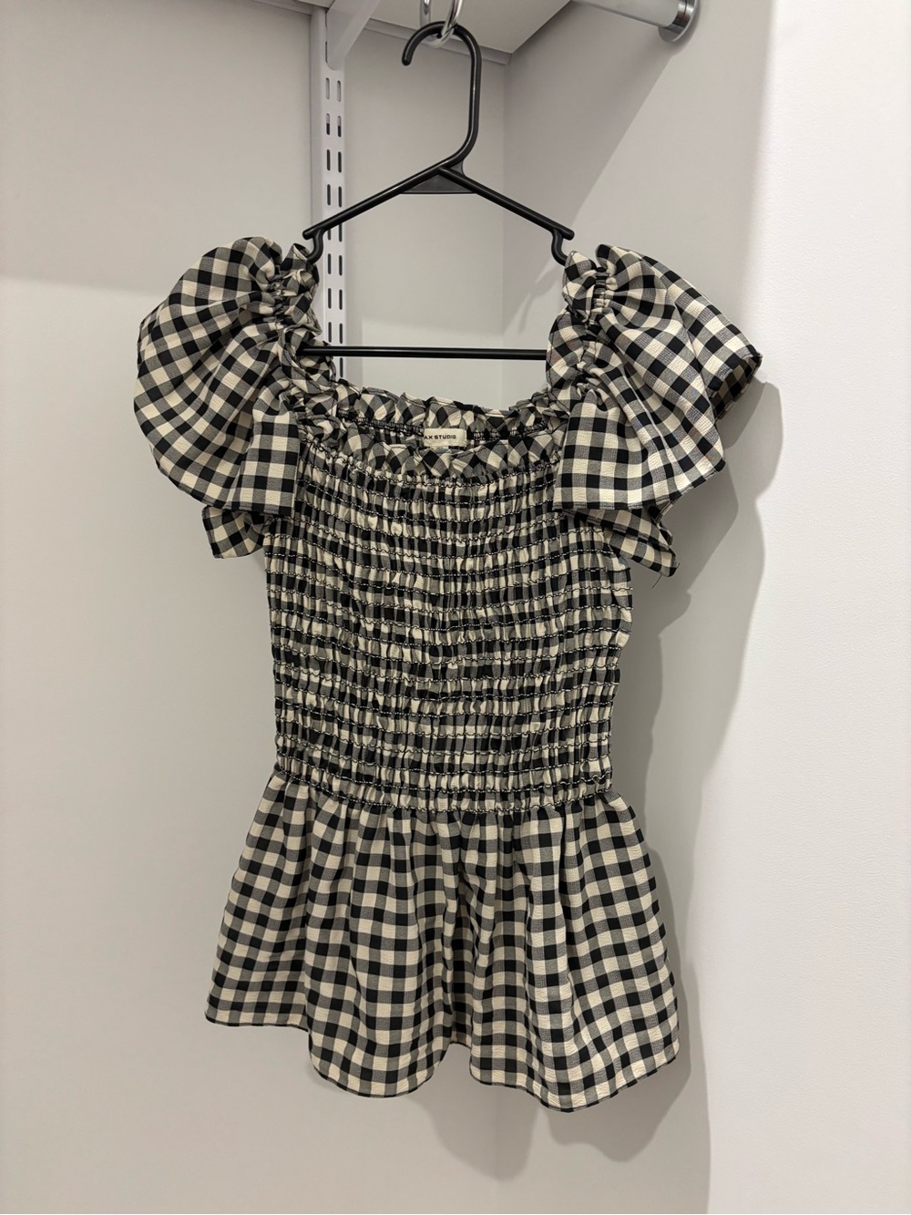 Max Studio Black & White Gingham Smocked Peplum Top